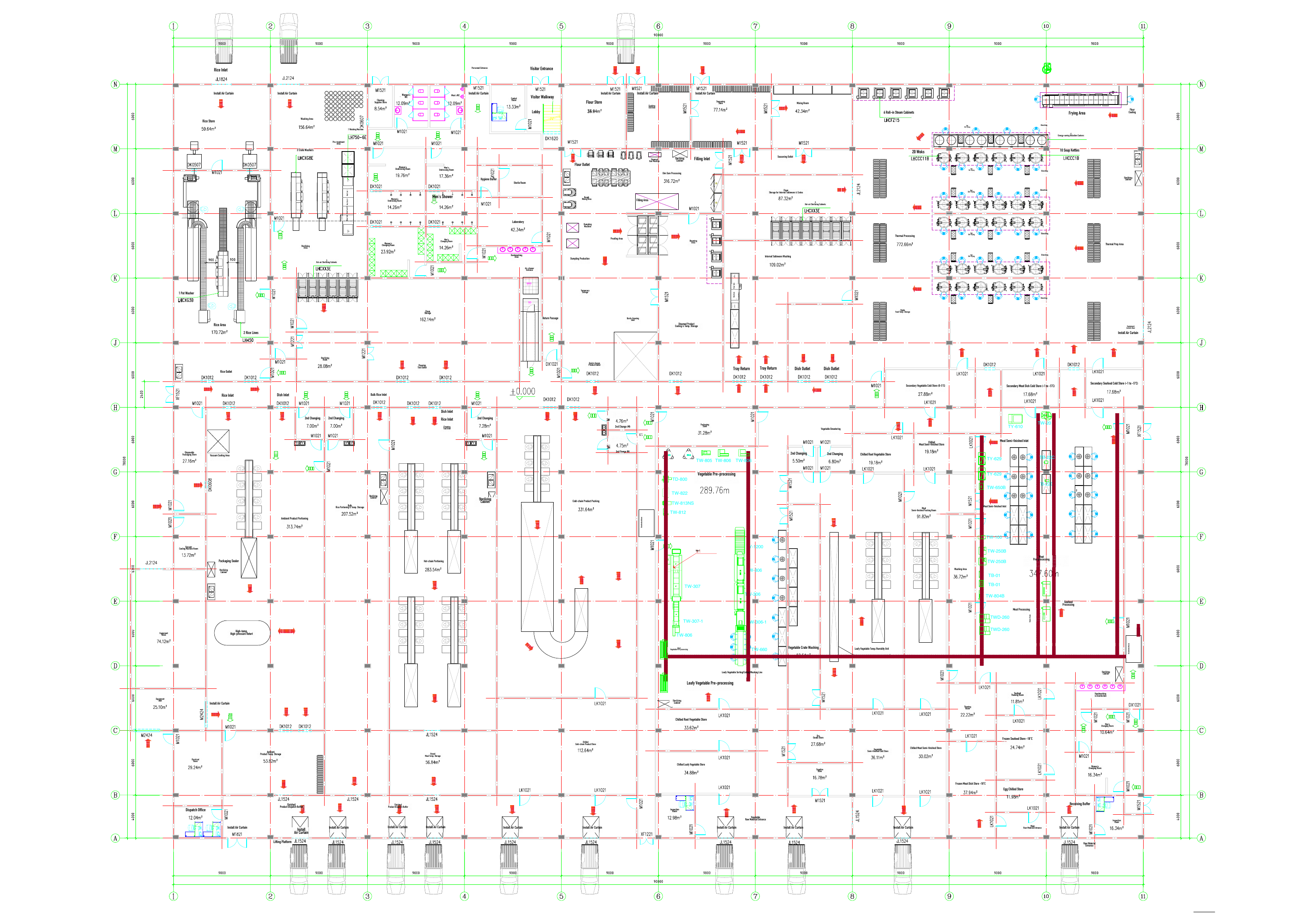 Anonymized central kitchen equipment layout showing coordinated food preparation zones