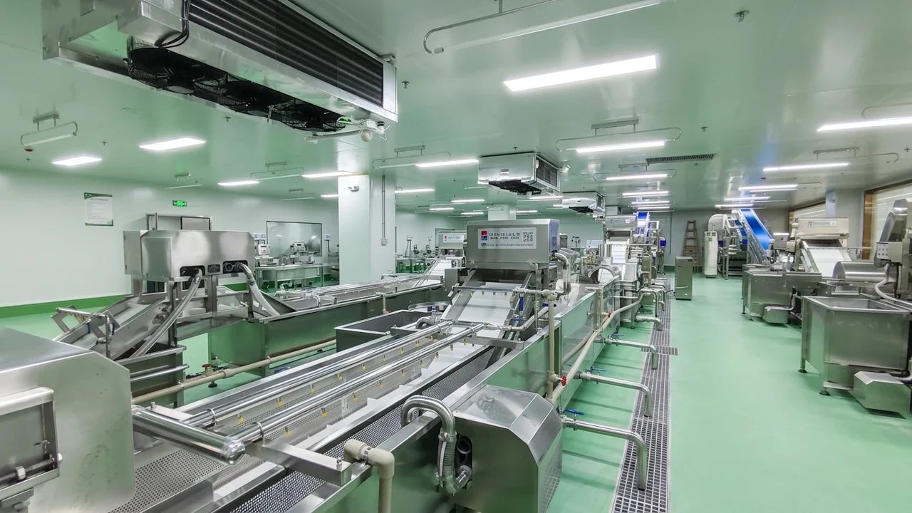 Connected washing, transfer and preparation equipment in a food processing installation