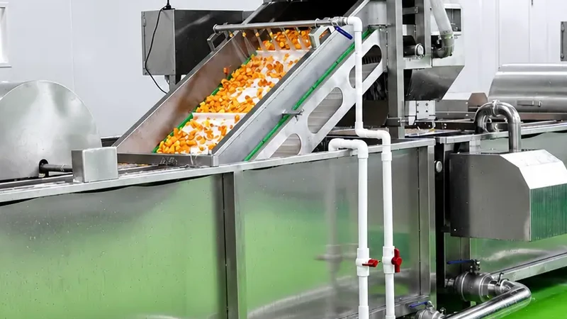 Carrot and potato pieces on an inclined conveyor between root vegetable washing stages