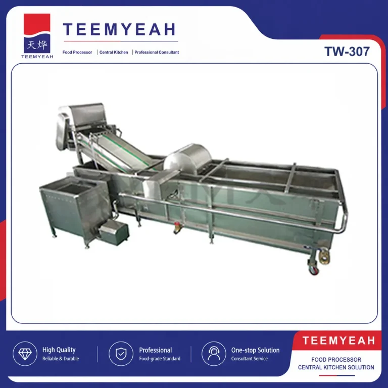 TEEMYEAH TW-307 root vegetable washing line with water tank and discharge conveyor, shown in the branded product frame