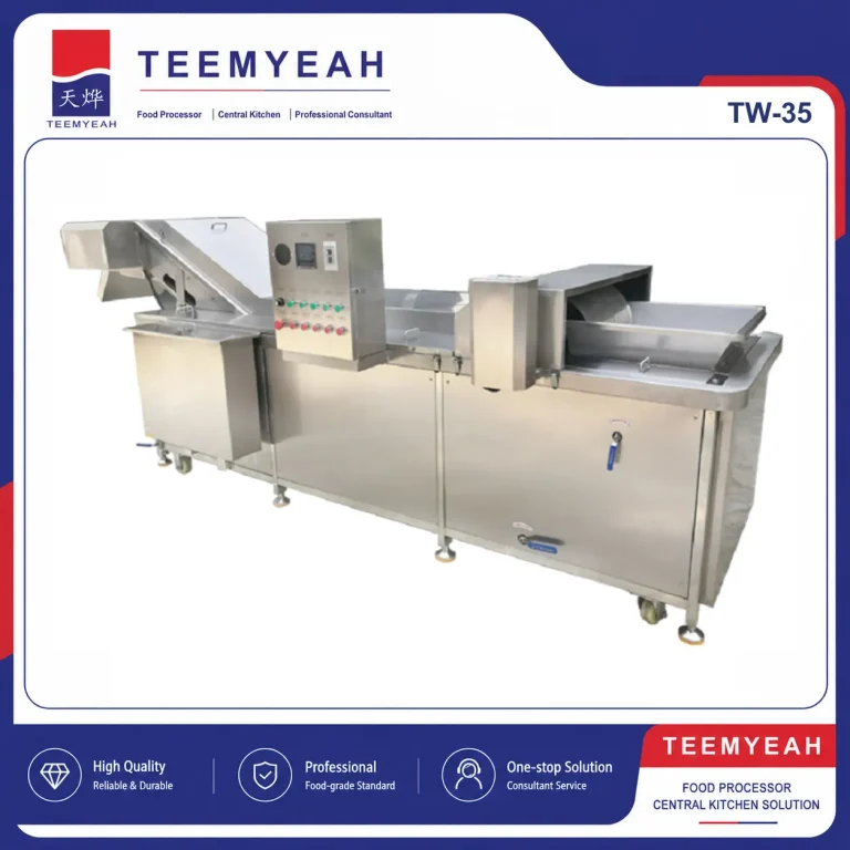 TEEMYEAH TW-35 stainless-steel steam vegetable blancher and washer with conveyor and control panel, shown in the branded product frame