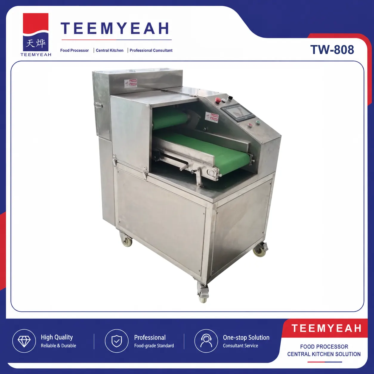 TEEMYEAH TW-808 vegetable segment and block cutting machine with green infeed belts, shown in the branded product frame