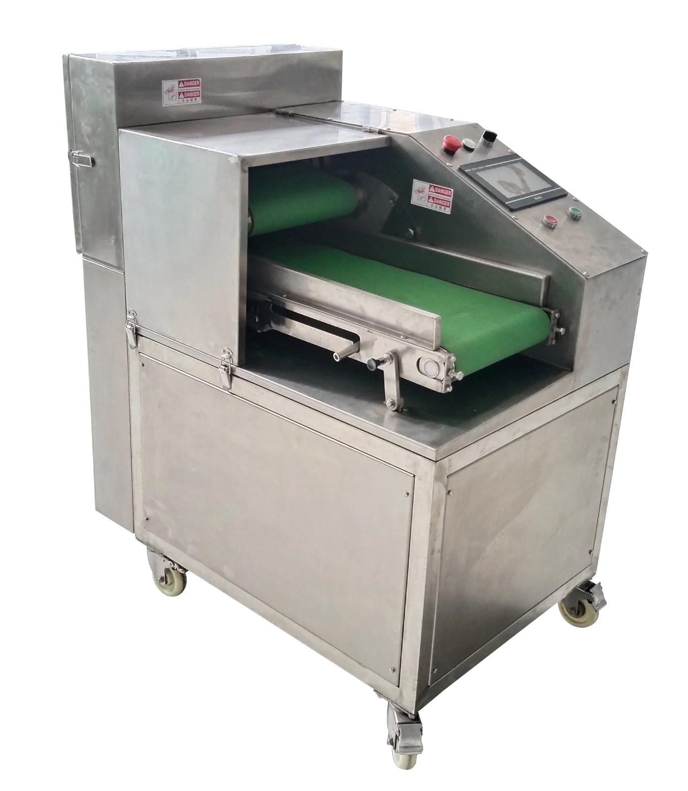 TEEMYEAH TW-808 vegetable segment cutter with green infeed belts and touchscreen controls