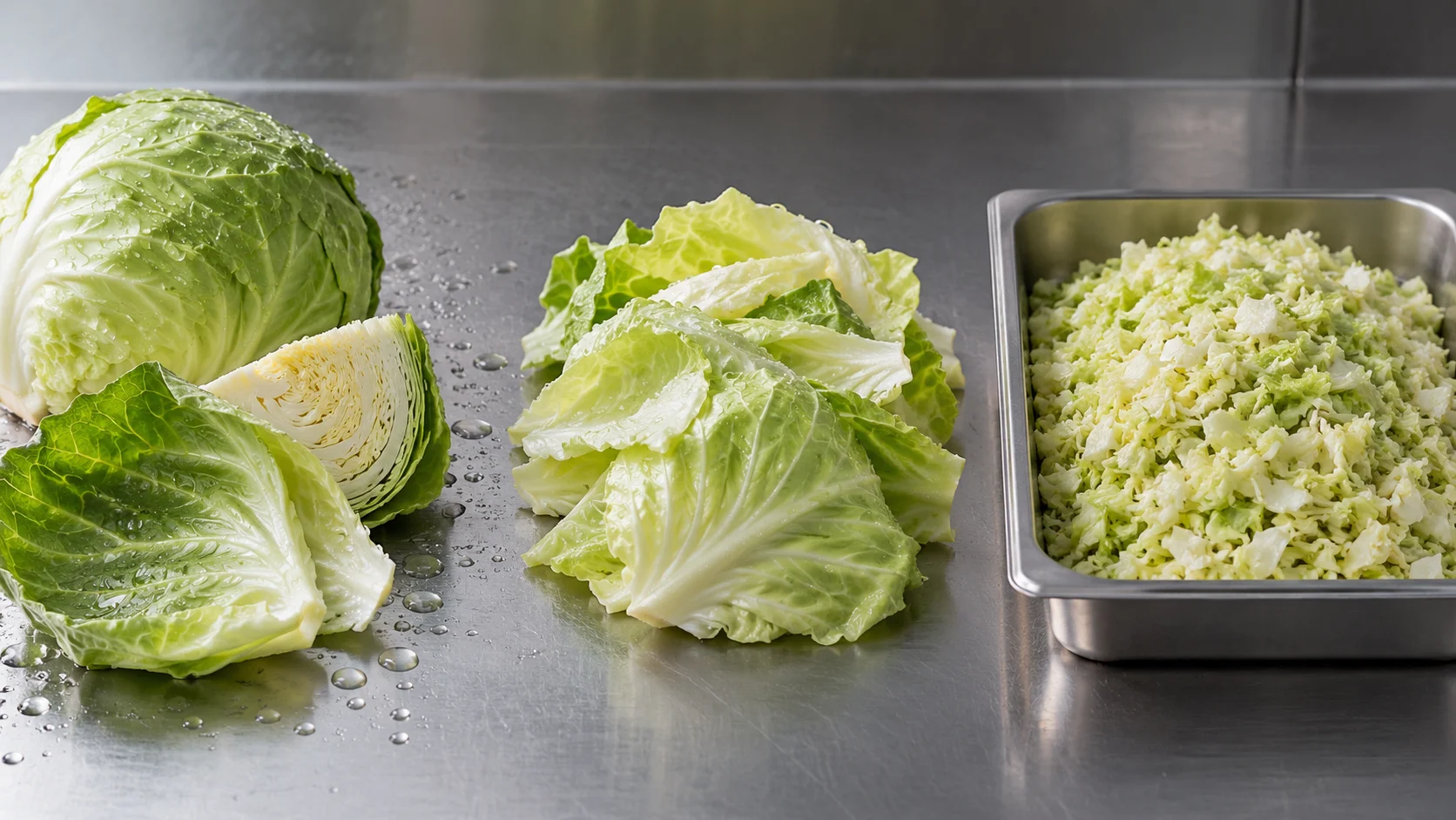 Cabbage dewatering machine for dumpling filling illustrated by washed, drained and chopped cabbage stages