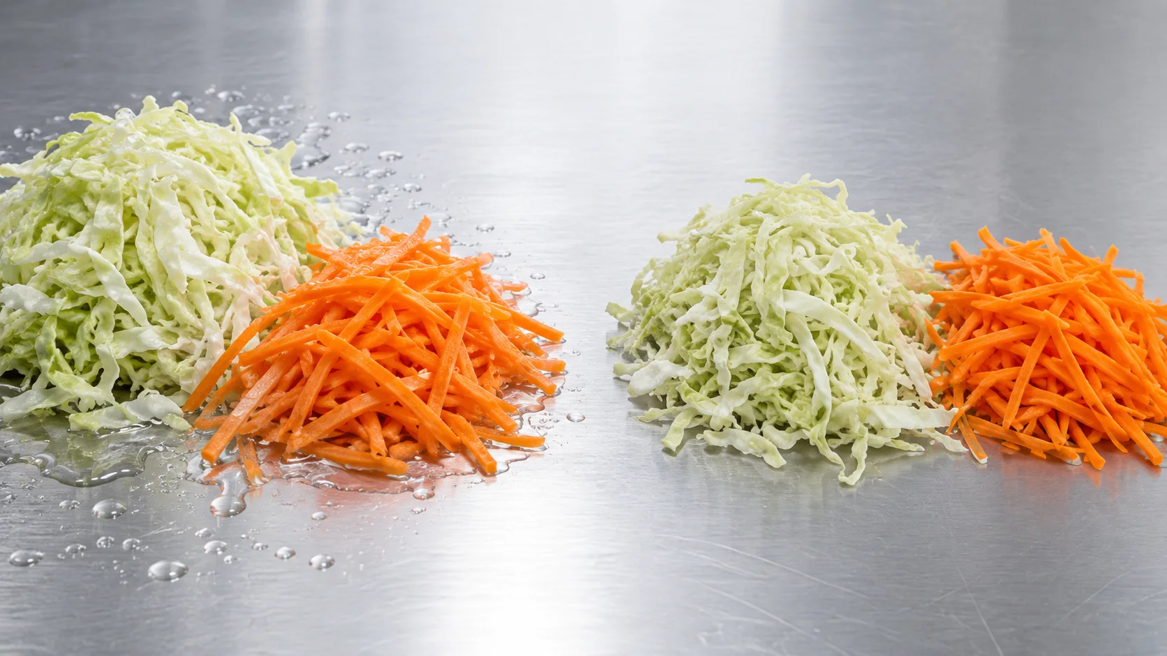 Vegetable cutting equipment for spring roll filling shown through wet and drained cabbage shreds with carrot julienne